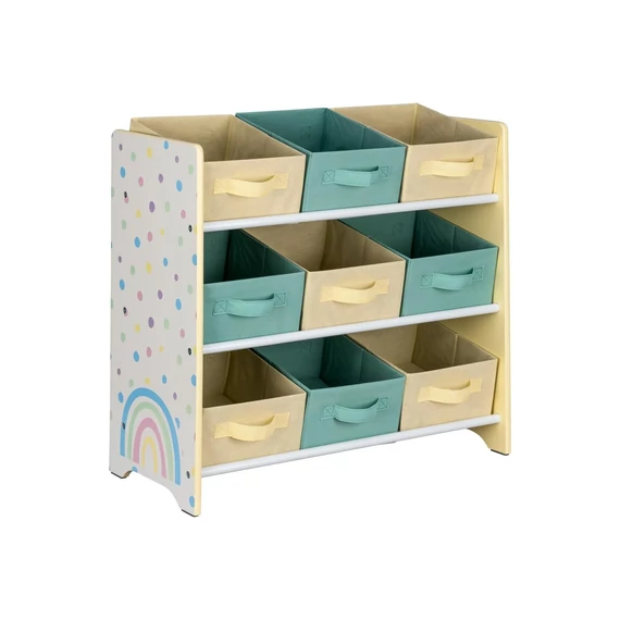 Fa játéktároló polc szivárványos mintával, színes dobozokkal