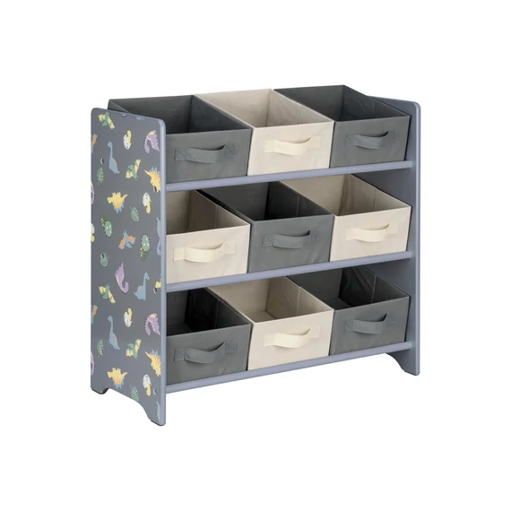 Fa játéktároló polc dinoszauruszos mintával, színes dobozokkal